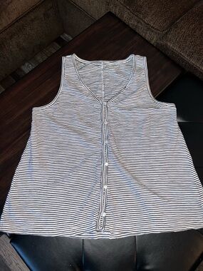 Lands' End White & Navy Striped Button-Front Tank